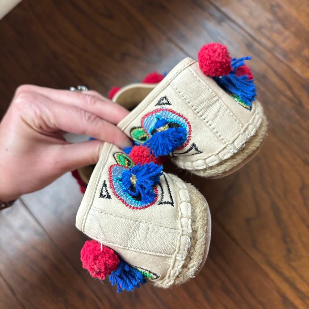 Tory Burch Ellis Pom-pom Embroidered Leather Textile Espadrille Flats Size 8 - Picture 13 of 13